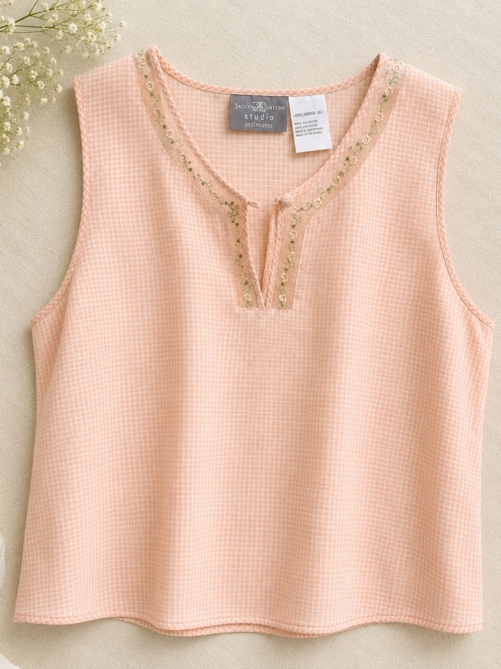 Vintage Jaclyn Smith Studio Intimates Pink Gingham Embroidered Sleeveless Top